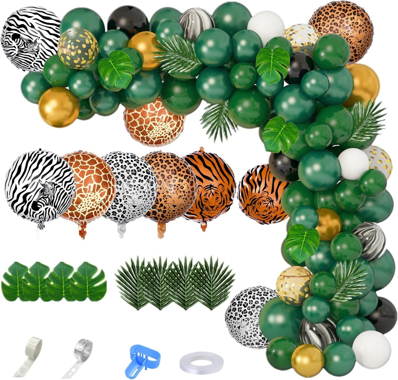 152Pcs Jungle Safari Balloon Garland Arch Kit, Gold Dark Green Animal Balloons Artificial Tropical Palm Leaves Baby Shower Decorations Boy Girl Wild One Birthday Party Supplies